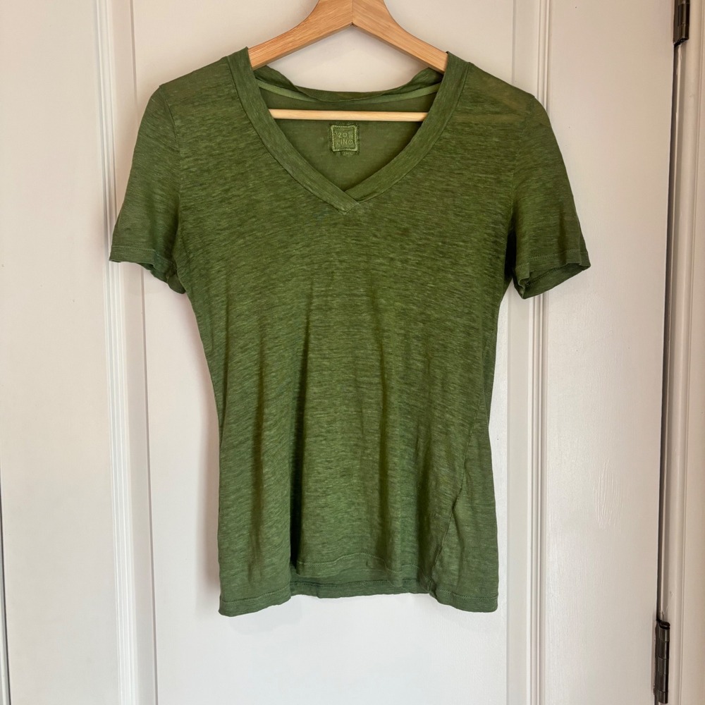 120% Lino Womens Organic Linen V-Neck Short Sleeve T-Shirt Olive Green XS